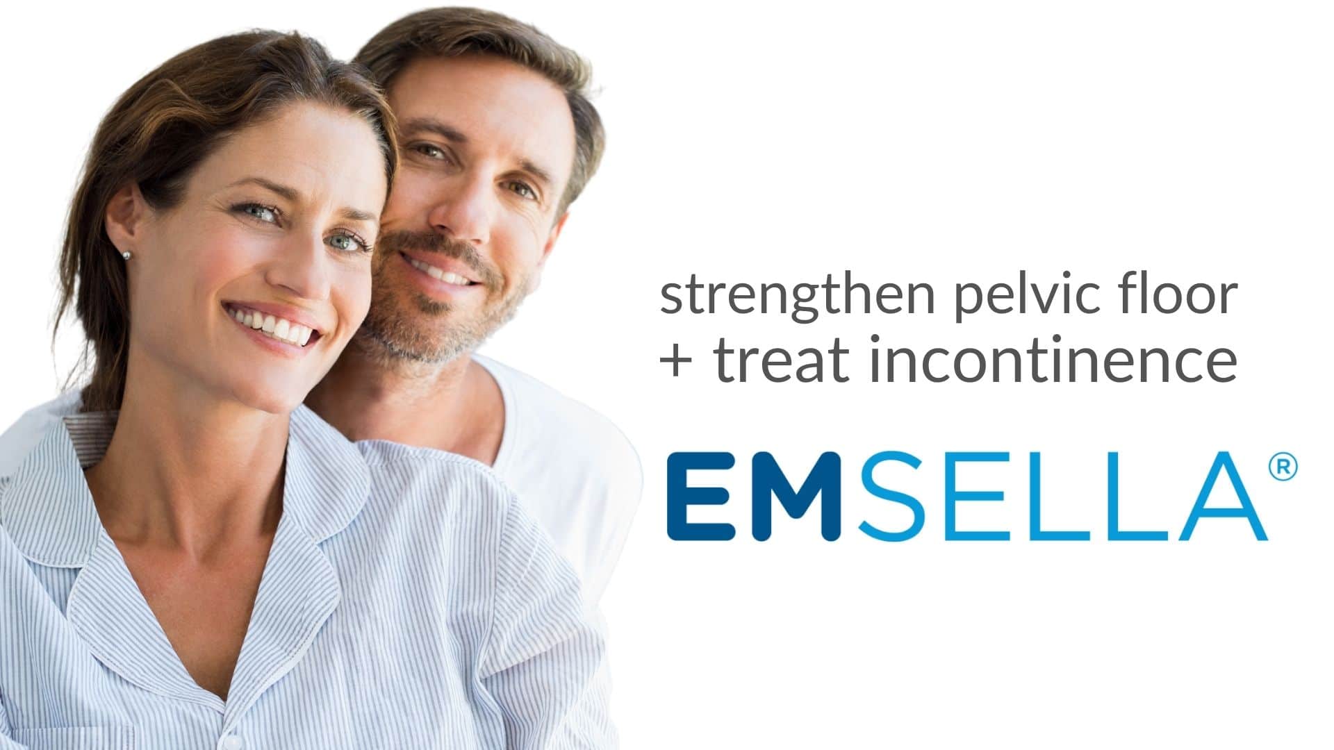 Beautiful smiling couple promoting Emsella treatment